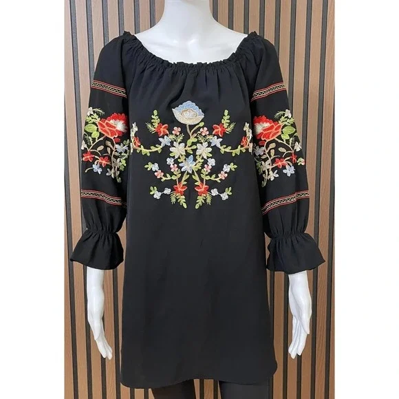 Free People Fleur du Jour Women's S Black Dress Mini Floral Embroidered Boho - Picture 3 of 11